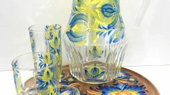 Glass pitcher with lid, shot glass, wide beaker, narrow beaker|Set of glassware in yellow and blue patriotic colors of Ukraine| Kitchenware|