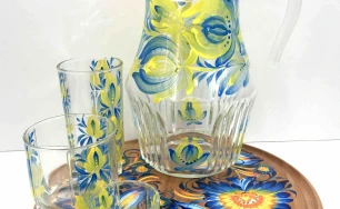 Glass pitcher with lid, shot glass, wide beaker, narrow beaker|Set of glassware in yellow and blue patriotic colors of Ukraine| Kitchenware|